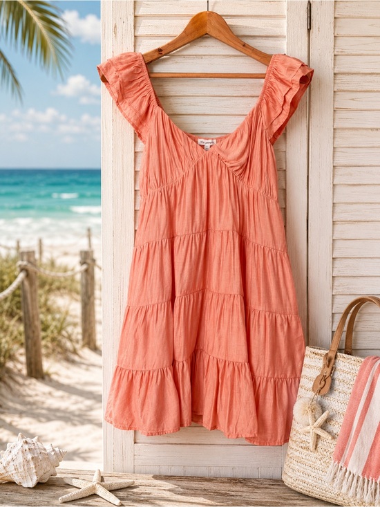Blu Pepper Dresses & Skirts - Blu Pepper Coral Tiered Mini Dress Small Ruffle Sleeve Boho Babydoll Rayon